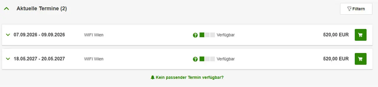Veranstaltungsauflistung mit Erinnerungsfunktion "Kein passender Termin verfügbar?"